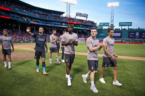 BOSTON, MASSACHUSETTS, USA - Sunday, July 21, 2019: Liverpool Dejan Lovren, Divock Origi, Andy Robertson and Trent Alexander-Arnold on a lap of honour to greet the supporters after a friendly between Liverpool FC and Sevilla FC at Fenway Park on day six of the club's pre-season tour of America. (Pic by David Rawcliffe/Propaganda)