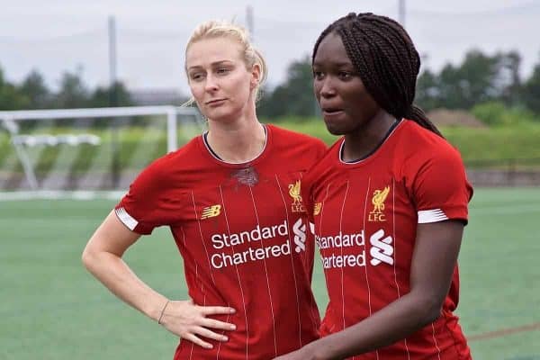 BOSTON, MASSACHUSETTS, USA - Monday, July 22, 2019: Liverpool's Rhiannon Roberts and Rinsola Babajide before a friendly match between Liverpool FC Women and Metropolitan Conference All Stars at Jordan Field at the Harvard Stadium on day seven of the club's pre-season tour of America. (Pic by David Rawcliffe/Propaganda)