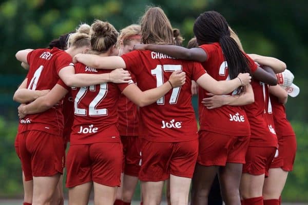 BOSTON, MASSACHUSETTS, USA - Monday, July 22, 2019: Liverpool players form a team huddle before a friendly match between Liverpool FC Women and Metropolitan Conference All Stars at Jordan Field at the Harvard Stadium on day seven of the club's pre-season tour of America. (Pic by David Rawcliffe/Propaganda)