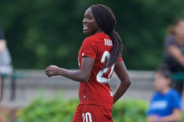 BOSTON, MASSACHUSETTS, USA - Monday, July 22, 2019: Liverpool's Rinsola Babajide celebrates scoring the third goal during a friendly match between Liverpool FC Women and Metropolitan Conference All Stars at Jordan Field at the Harvard Stadium on day seven of the club's pre-season tour of America. (Pic by David Rawcliffe/Propaganda)