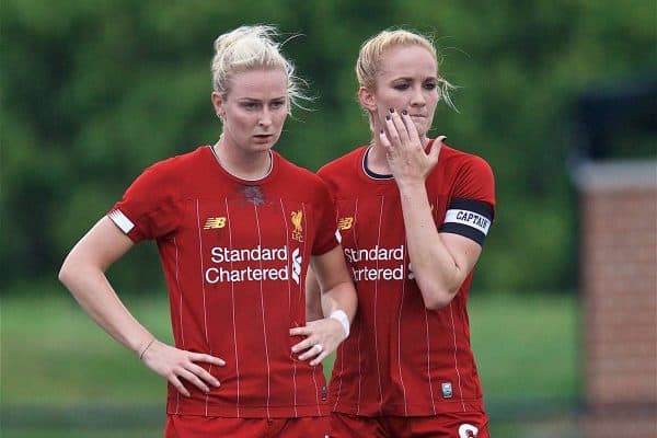 BOSTON, MASSACHUSETTS, USA - Monday, July 22, 2019: Liverpool's Rhiannon Roberts (L) and Sophie Bradley-Auckland during a friendly match between Liverpool FC Women and Metropolitan Conference All Stars at Jordan Field at the Harvard Stadium on day seven of the club's pre-season tour of America. (Pic by David Rawcliffe/Propaganda)