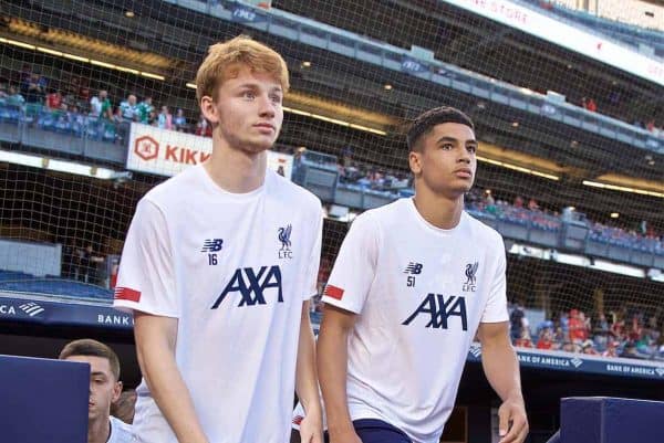 NEW YORK, NEW YORK, USA - Wednesday, July 24, 2019: Liverpool's Sepp van den Berg and Ki-Jana Hoever before a friendly match between Liverpool FC and Sporting Clube de Portugal at the Yankee Stadium on day nine of the club's pre-season tour of America. (Pic by David Rawcliffe/Propaganda)