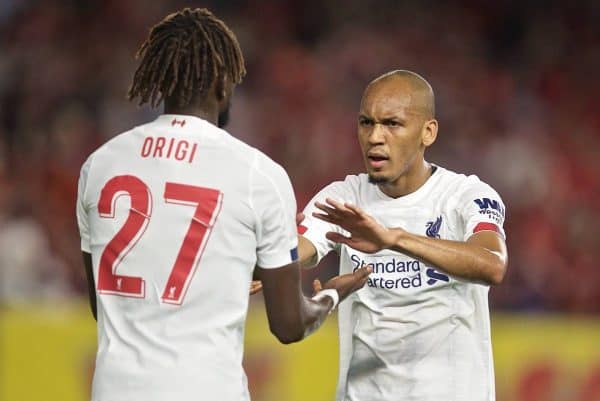 NEW YORK, NEW YORK, USA - Wednesday, July 24, 2019: Liverpool's Divock Origi (#27) celebrates scoring the first eqalising goal with team-mate Fabio Henrique Tavares 'Fabinho' during a friendly match between Liverpool FC and Sporting Clube de Portugal at the Yankee Stadium on day nine of the club's pre-season tour of America. (Pic by David Rawcliffe/Propaganda)