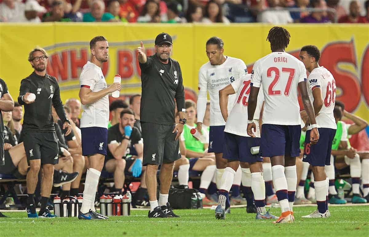 NEW YORK, NEW YORK, USA - Wednesday, July 24, 2019: Liverpool's manager Jürgen Klopp reacts during a friendly match between Liverpool FC and Sporting Clube de Portugal at the Yankee Stadium on day nine of the club's pre-season tour of America. (Pic by David Rawcliffe/Propaganda)