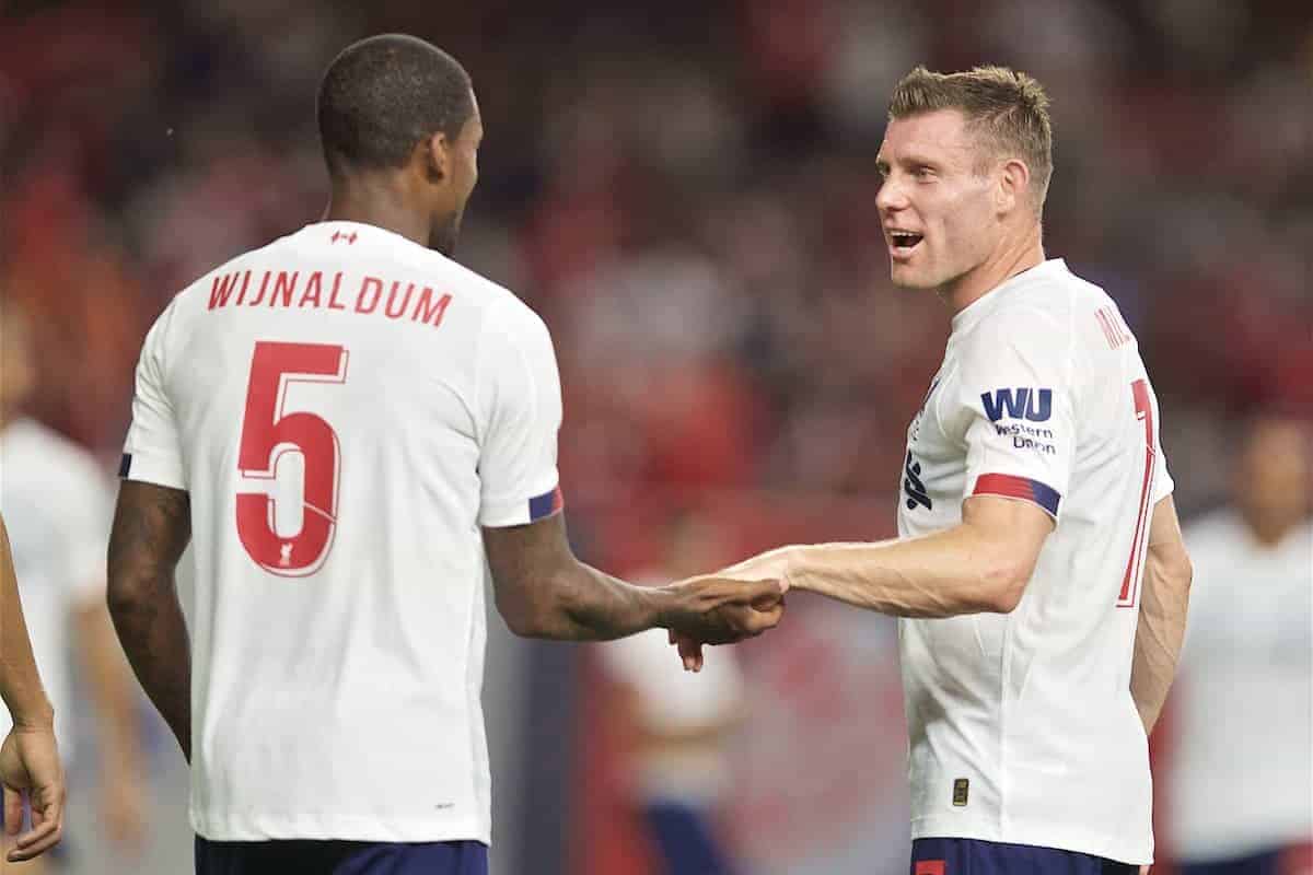 NEW YORK, NEW YORK, USA - Wednesday, July 24, 2019: Liverpool's Georginio Wijnaldum celebrates scoring the second goal with team-mate James Milner (R) during a friendly match between Liverpool FC and Sporting Clube de Portugal at the Yankee Stadium on day nine of the club's pre-season tour of America. (Pic by David Rawcliffe/Propaganda)