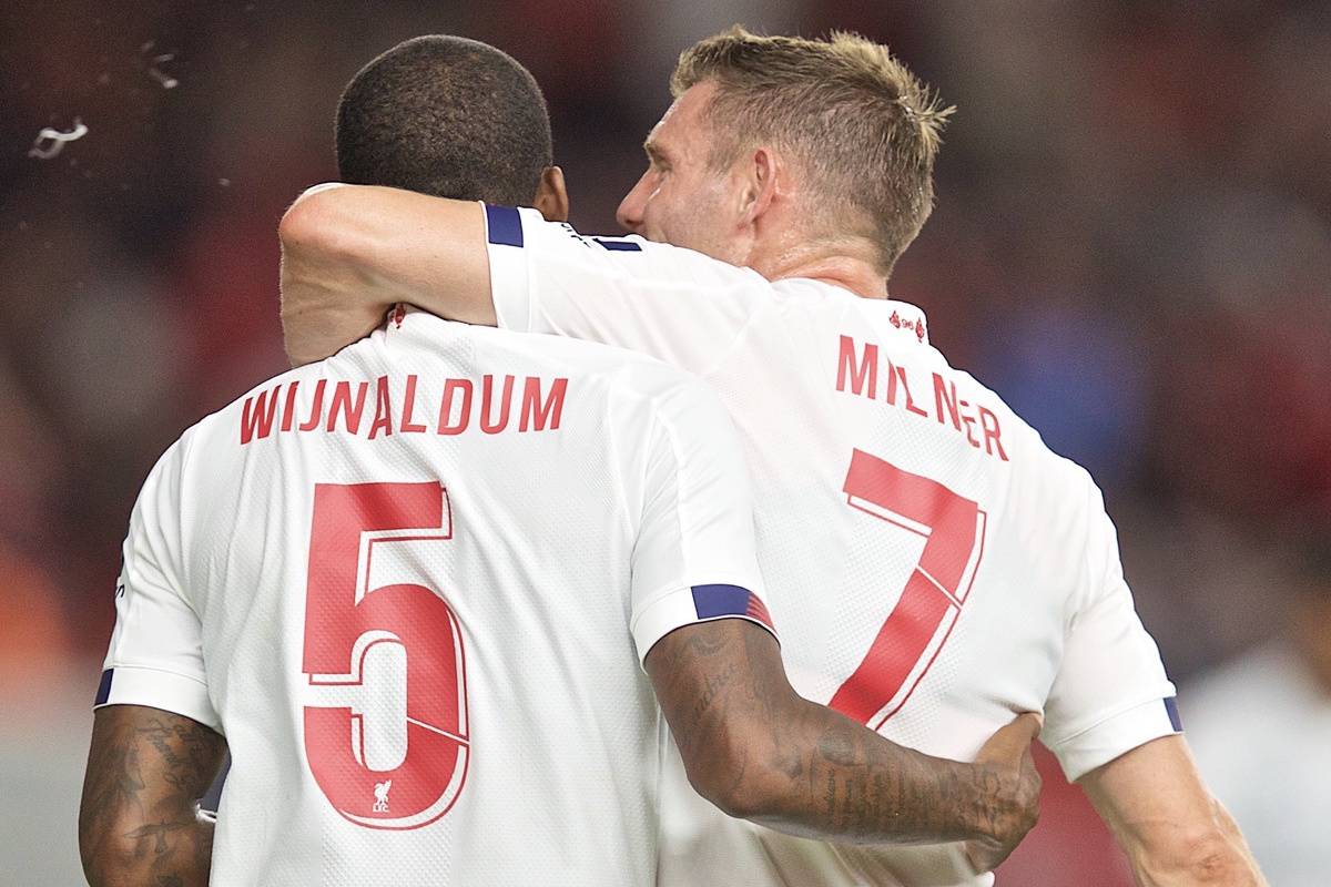 NEW YORK, NEW YORK, USA - Wednesday, July 24, 2019: Liverpool's Georginio Wijnaldum celebrates scoring the second goal with team-mate James Milner (R) during a friendly match between Liverpool FC and Sporting Clube de Portugal at the Yankee Stadium on day nine of the club's pre-season tour of America. (Pic by David Rawcliffe/Propaganda)