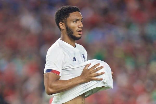 NEW YORK, NEW YORK, USA - Wednesday, July 24, 2019: Liverpool's Joe Gomez prepares to take a throw-in during a friendly match between Liverpool FC and Sporting Clube de Portugal at the Yankee Stadium on day nine of the club's pre-season tour of America. (Pic by David Rawcliffe/Propaganda)