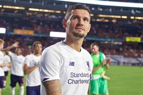 NEW YORK, NEW YORK, USA - Wednesday, July 24, 2019: Liverpool's Dejan Lovren after a friendly match between Liverpool FC and Sporting Clube de Portugal at the Yankee Stadium on day nine of the club's pre-season tour of America. The game ended in a 2-2 draw. (Pic by David Rawcliffe/Propaganda)