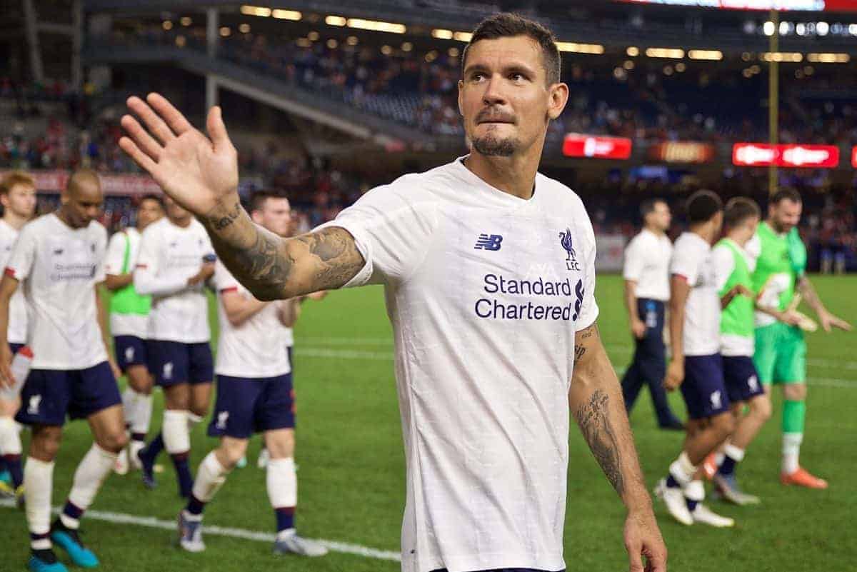 NEW YORK, NEW YORK, USA - Wednesday, July 24, 2019: Liverpool's Dejan Lovren waves to supporters after a friendly match between Liverpool FC and Sporting Clube de Portugal at the Yankee Stadium on day nine of the club's pre-season tour of America. The game ended in a 2-2 draw. (Pic by David Rawcliffe/Propaganda)