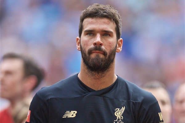 LONDON, ENGLAND - Sunday, August 4, 2019: Liverpool's goalkeeper Alisson Becker before the FA Community Shield match between Manchester City FC and Liverpool FC at Wembley Stadium. (Pic by David Rawcliffe/Propaganda)