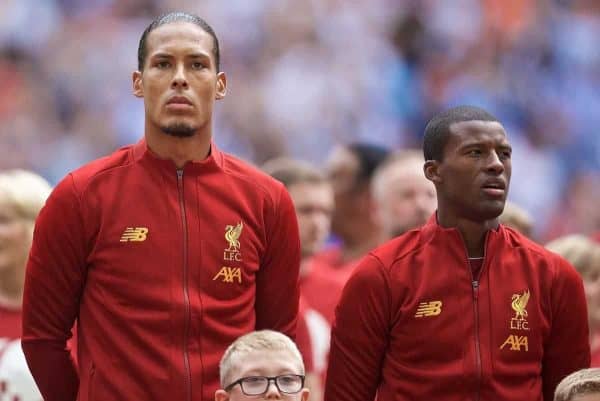 LONDON, ENGLAND - Sunday, August 4, 2019: Liverpool's Joe Gomez, Virgil van Dijk and Georginio Wijnaldum before the FA Community Shield match between Manchester City FC and Liverpool FC at Wembley Stadium. (Pic by David Rawcliffe/Propaganda)