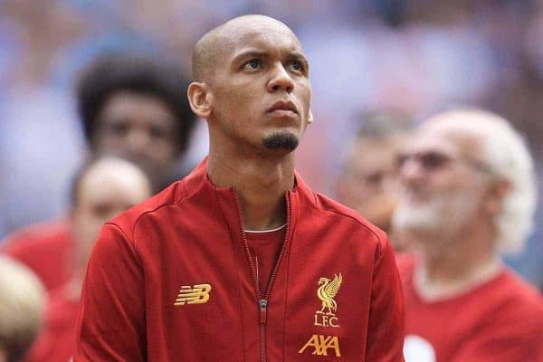 LONDON, ENGLAND - Sunday, August 4, 2019: Liverpool's Georginio Wijnaldum, Fabio Henrique Tavares 'Fabinho' and Andy Robertson before the FA Community Shield match between Manchester City FC and Liverpool FC at Wembley Stadium. (Pic by David Rawcliffe/Propaganda)