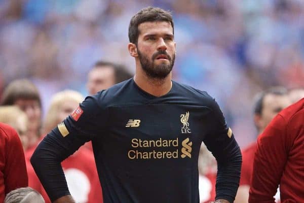 LONDON, ENGLAND - Sunday, August 4, 2019: Liverpool's Andy Robertson, goalkeeper Alisson Becker and captain Jordan Henderson before the FA Community Shield match between Manchester City FC and Liverpool FC at Wembley Stadium. (Pic by David Rawcliffe/Propaganda)