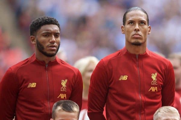 LONDON, ENGLAND - Sunday, August 4, 2019: Liverpool's Joe Gomez, Virgil van Dijk and Georginio Wijnaldum before the FA Community Shield match between Manchester City FC and Liverpool FC at Wembley Stadium. (Pic by David Rawcliffe/Propaganda)