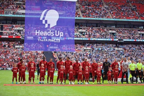 LONDON, ENGLAND - Sunday, August 4, 2019: Liverpool players line-up before the FA Community Shield match between Manchester City FC and Liverpool FC at Wembley Stadium. L-R: Mohamed Salah, Roberto Firmino, Divock Origi, Trent Alexander-Arnold, Joe Gomez, Virgil van Dijk, Georginio Wijnaldum, Nathaniel Clyne, Andy Robertson, goalkeeper Alisson Becker, captain Jordan Henderson. (Pic by David Rawcliffe/Propaganda)