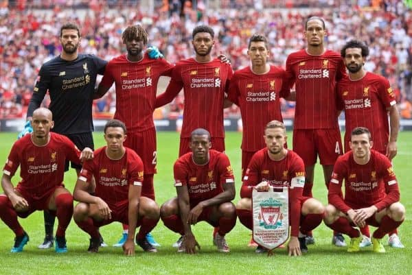 LONDON, ENGLAND - Sunday, August 4, 2019: Liverpool's players line-up for a team group photograph before the FA Community Shield match between Manchester City FC and Liverpool FC at Wembley Stadium. Back row L-R: goalkeeper Alisson Becker, Divock Origi, Joe Gomez, Roberto Firmino, Virgil van Dijk, Mohamed Salah. Front row L-R: Fabio Henrique Tavares 'Fabinho', Trent Alexander-Arnold, Georginio Wijnaldum, captain Jordan Henderson, Andy Robertson. (Pic by David Rawcliffe/Propaganda)