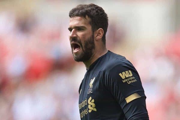 LONDON, ENGLAND - Sunday, August 4, 2019: Liverpool's goalkeeper Alisson Becker during the FA Community Shield match between Manchester City FC and Liverpool FC at Wembley Stadium. (Pic by David Rawcliffe/Propaganda)