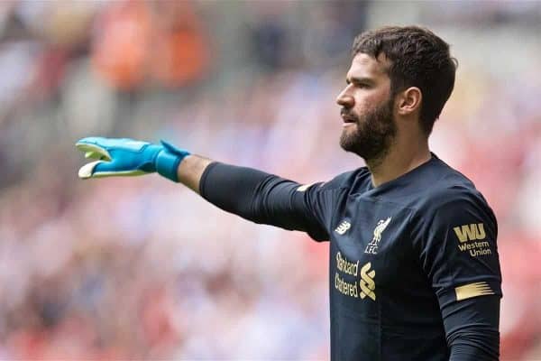 LONDON, ENGLAND - Sunday, August 4, 2019: Liverpool's goalkeeper Alisson Becker during the FA Community Shield match between Manchester City FC and Liverpool FC at Wembley Stadium. (Pic by David Rawcliffe/Propaganda)