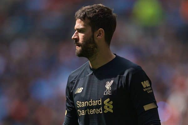 LONDON, ENGLAND - Sunday, August 4, 2019: Liverpool's goalkeeper Alisson Becker during the FA Community Shield match between Manchester City FC and Liverpool FC at Wembley Stadium. (Pic by David Rawcliffe/Propaganda)