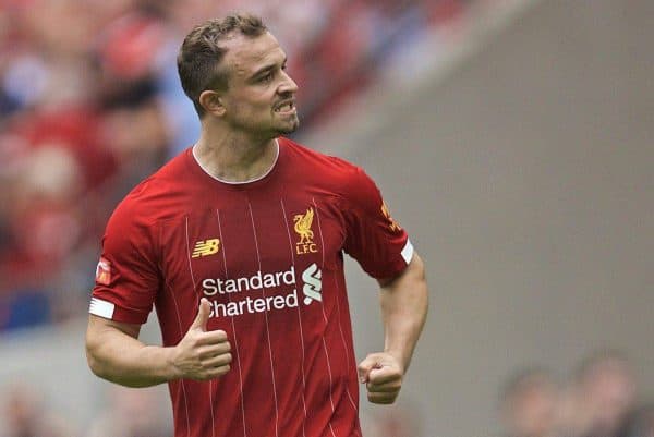 LONDON, ENGLAND - Sunday, August 4, 2019: Liverpool's Xherdan Shaqiri celebrates after scoring the first penalty of the shoot-out during the FA Community Shield match between Manchester City FC and Liverpool FC at Wembley Stadium. Manchester City won 5-4 on penalties after a 1-1 draw. (Pic by David Rawcliffe/Propaganda)