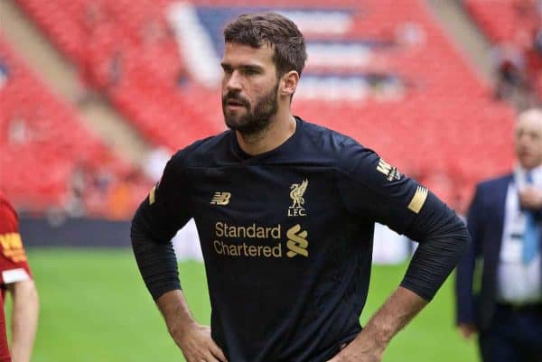 LONDON, ENGLAND - Sunday, August 4, 2019: Liverpool's goalkeeper Alisson Becker looks dejected after the penalty shoot out to decide the FA Community Shield match between Manchester City FC and Liverpool FC at Wembley Stadium. Manchester City won 5-4 on penalties after a 1-1 draw. (Pic by David Rawcliffe/Propaganda)