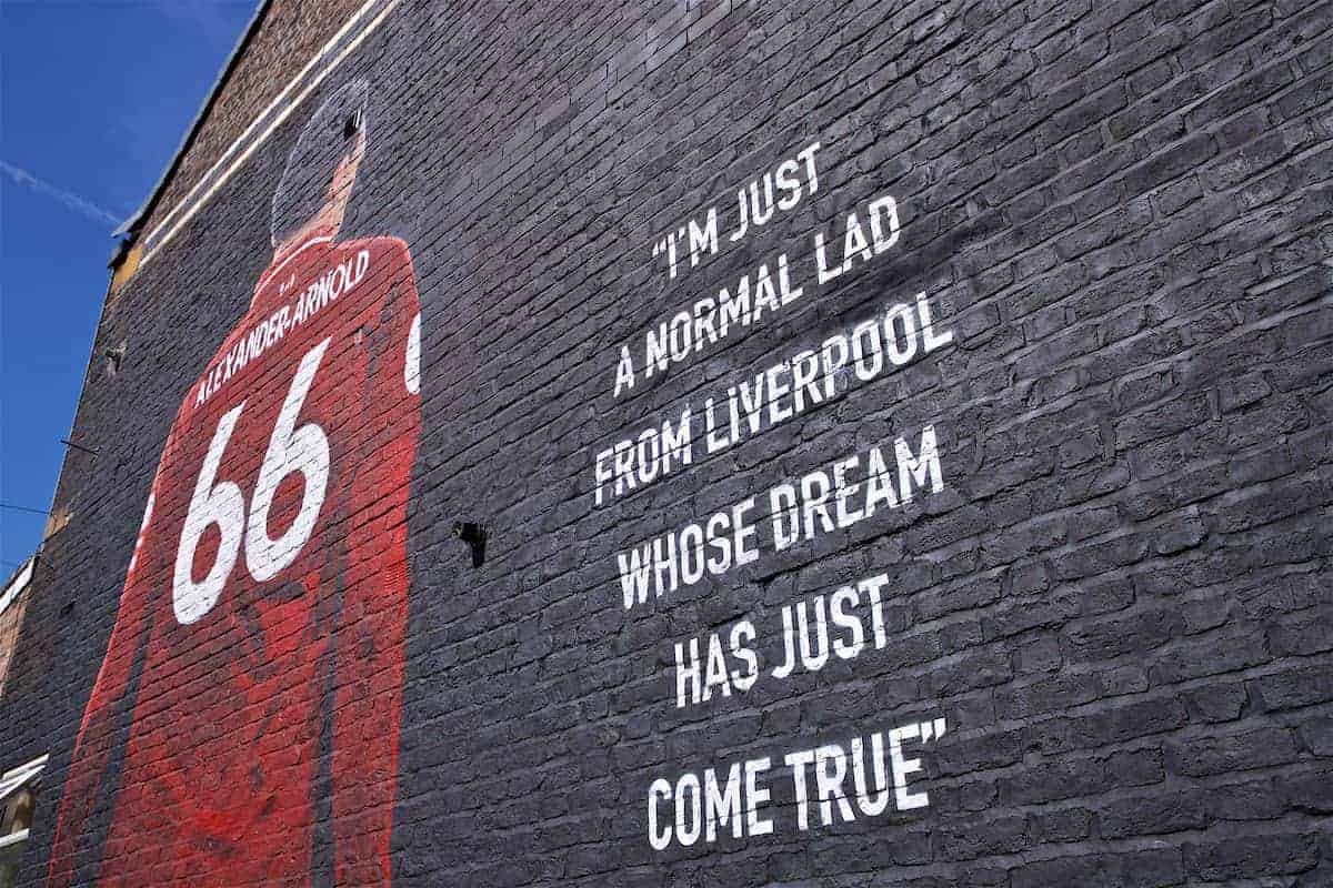 LIVERPOOL, ENGLAND - Thursday, August 8, 2019: A mural of Liverpool's Trent Alexander-Arnold on the side of a building in Sybil Road, Anfield. The mural was commissioned by The Anfield Wrap and painted by local artist Akse P19. (Pic by David Rawcliffe/Propaganda)