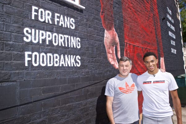 LIVERPOOL, ENGLAND - Thursday, August 8, 2019: Trent Alexander-Arnold poses for a photograph with Liverpool Foodbanks at the official opening of a mural of Liverpool's Trent Alexander-Arnold on the side of a building in Sybil Road, Anfield. The mural was commissioned by The Anfield Wrap and painted by local artist Akse P19. (Pic by David Rawcliffe/Propaganda)