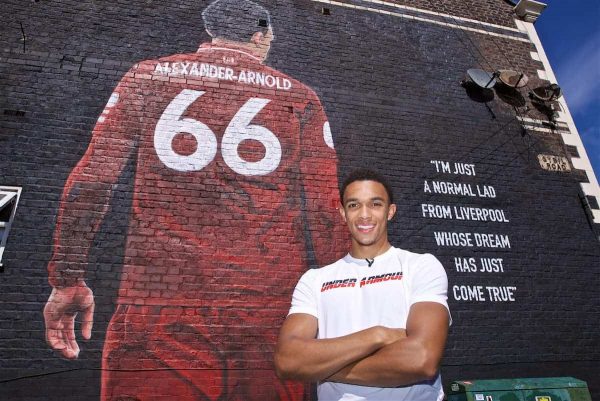 LIVERPOOL, ENGLAND - Thursday, August 8, 2019: Liverpool's Trent Alexander-Arnold poses for photograph with a mural of himself on the side of a building in Sybil Road, Anfield. The mural was commissioned by The Anfield Wrap and painted by local artist Akse P19. (Pic by David Rawcliffe/Propaganda)