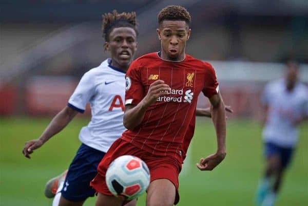 KIRKBY, ENGLAND - Saturday, August 10, 2019: Liverpool's Elijah Dixon-Bonner during the Under-23 FA Premier League 2 Division 1 match between Liverpool FC and Tottenham Hotspur FC at the Academy. (Pic by David Rawcliffe/Propaganda)