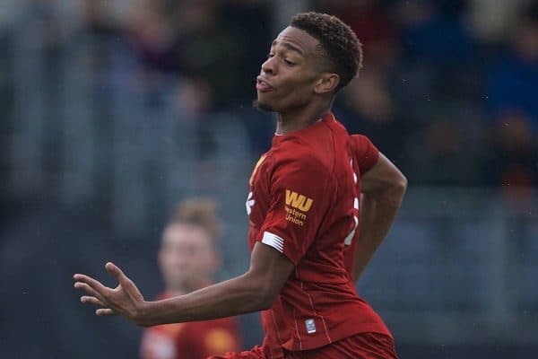 KIRKBY, ENGLAND - Saturday, August 10, 2019: Liverpool's Elijah Dixon-Bonner during the Under-23 FA Premier League 2 Division 1 match between Liverpool FC and Tottenham Hotspur FC at the Academy. (Pic by David Rawcliffe/Propaganda)