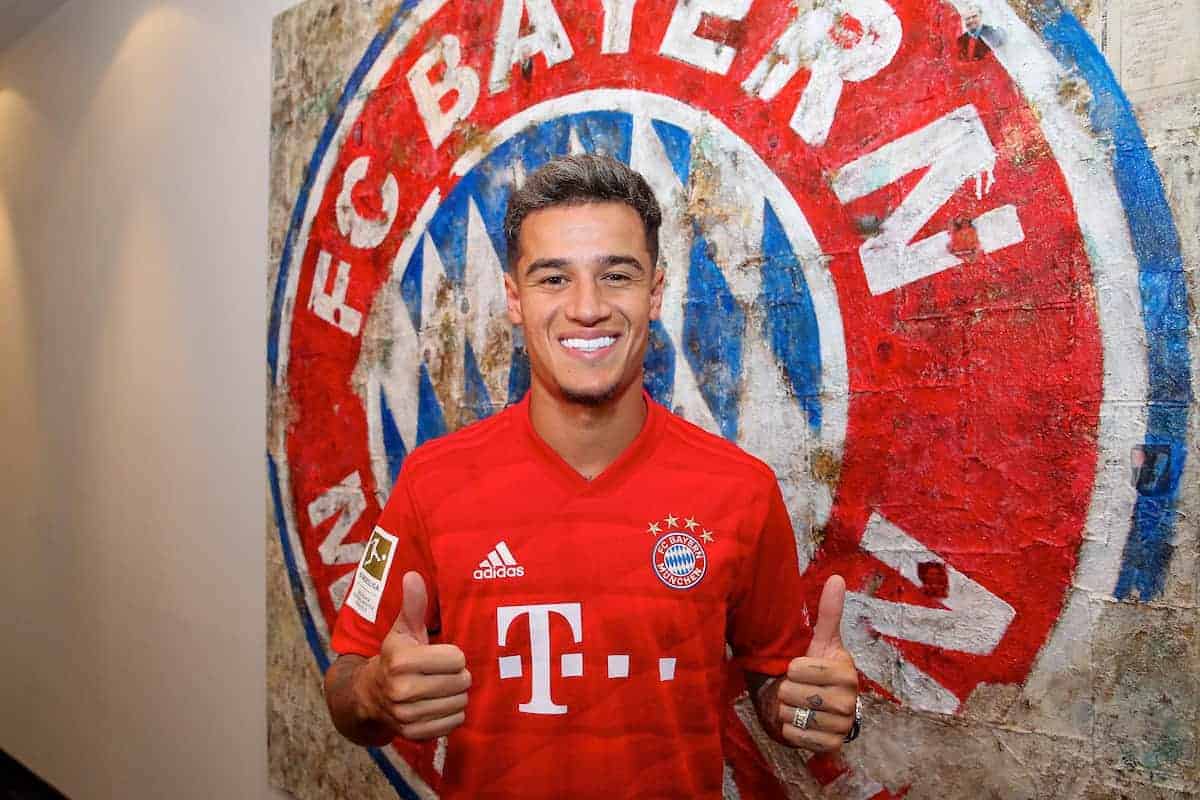 MUNICH, GERMANY - Sunday, August 18, 2019: Philippe Coutinho Correia poses with thumbs-up in his new red Bayern Munich shirt at Bayern Munich's Säbener Straße HQ after completing a loan move from FC Barcelona. (Pic by Handout/Bayern Munich)