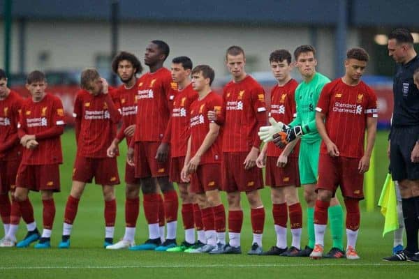 KIRKBY, ENGLAND - Saturday, August 31, 2019: Liverpool players line-up before the Under-18 FA Premier League match between Liverpool FC and Manchester United at the Liverpool Academy. (Pic by David Rawcliffe/Propaganda)