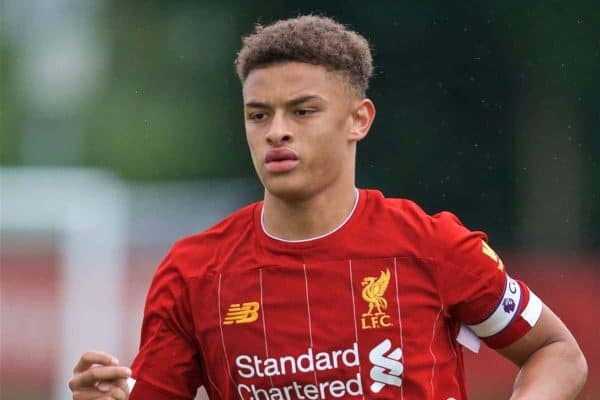 KIRKBY, ENGLAND - Saturday, August 31, 2019: Liverpool's captain Fidel O'Rourke during the Under-18 FA Premier League match between Liverpool FC and Manchester United at the Liverpool Academy. (Pic by David Rawcliffe/Propaganda)