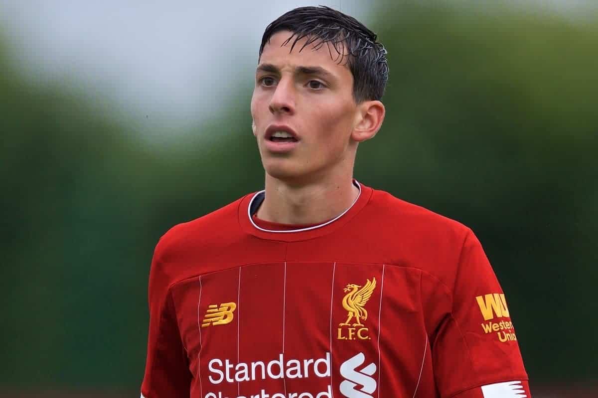 KIRKBY, ENGLAND - Saturday, August 31, 2019: Liverpool's Ritaccio Matteo during the Under-18 FA Premier League match between Liverpool FC and Manchester United at the Liverpool Academy. (Pic by David Rawcliffe/Propaganda)