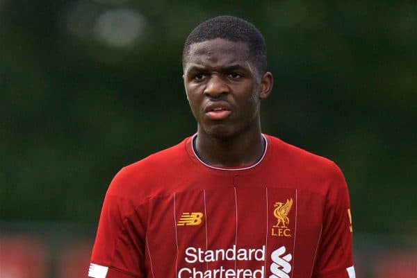 KIRKBY, ENGLAND - Saturday, August 31, 2019: Liverpool's Billy Koumetio during the Under-18 FA Premier League match between Liverpool FC and Manchester United at the Liverpool Academy. (Pic by David Rawcliffe/Propaganda)