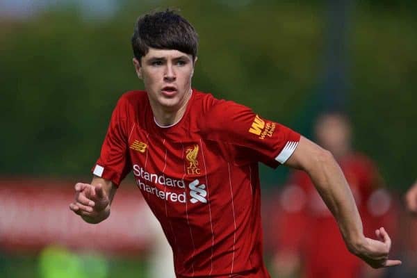 KIRKBY, ENGLAND - Saturday, August 31, 2019: Liverpool's Layton Stewart during the Under-18 FA Premier League match between Liverpool FC and Manchester United at the Liverpool Academy. (Pic by David Rawcliffe/Propaganda)