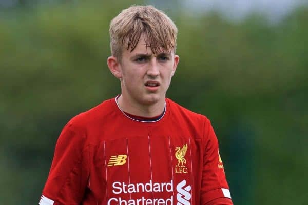 KIRKBY, ENGLAND - Saturday, August 31, 2019: Liverpool's Jack Cain during the Under-18 FA Premier League match between Liverpool FC and Manchester United at the Liverpool Academy. (Pic by David Rawcliffe/Propaganda)