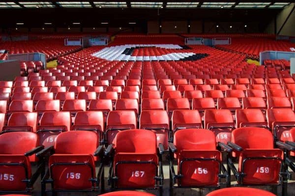 LIVERPOOL, ENGLAND - Saturday, September 14, 2019: Red seats on the Spion Kop pictured before the FA Premier League match between Liverpool FC and Newcastle United FC at Anfield. (Pic by David Rawcliffe/Propaganda)