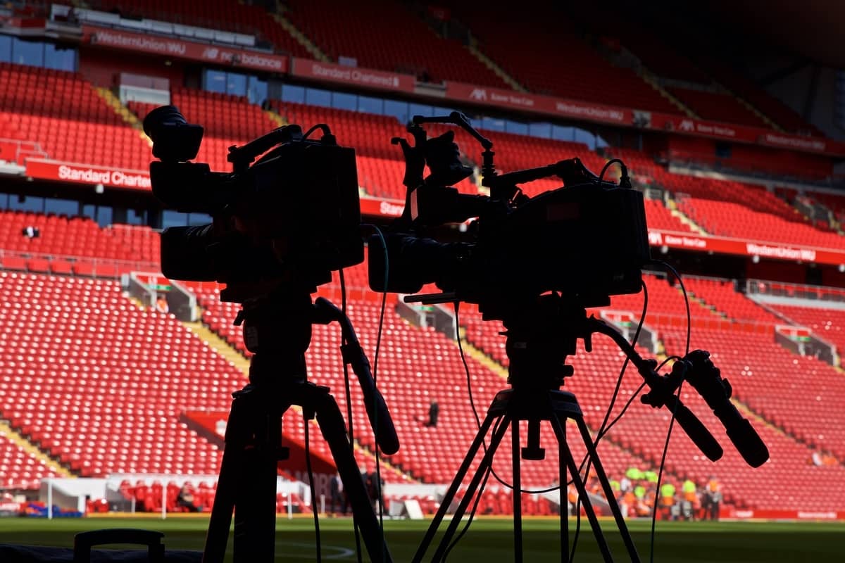 LIVERPOOL, ENGLAND - Saturday, September 14, 2019: A silhouette of television cameras during the FA Premier League match between Liverpool FC and Newcastle United FC at Anfield. (Pic by David Rawcliffe/Propaganda)