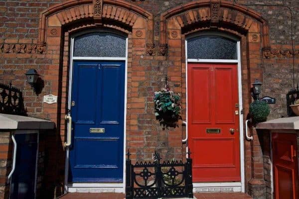 LIVERPOOL, ENGLAND - Saturday, September 14, 2019: Blue and Red doors side-by-side on a street in Anfield pictured before the FA Premier League match between Liverpool FC and Newcastle United FC at Anfield. (Pic by David Rawcliffe/Propaganda)