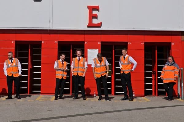 LIVERPOOL, ENGLAND - Saturday, September 14, 2019: Stewards wait the supporters before the FA Premier League match between Liverpool FC and Newcastle United FC at Anfield. (Pic by David Rawcliffe/Propaganda)