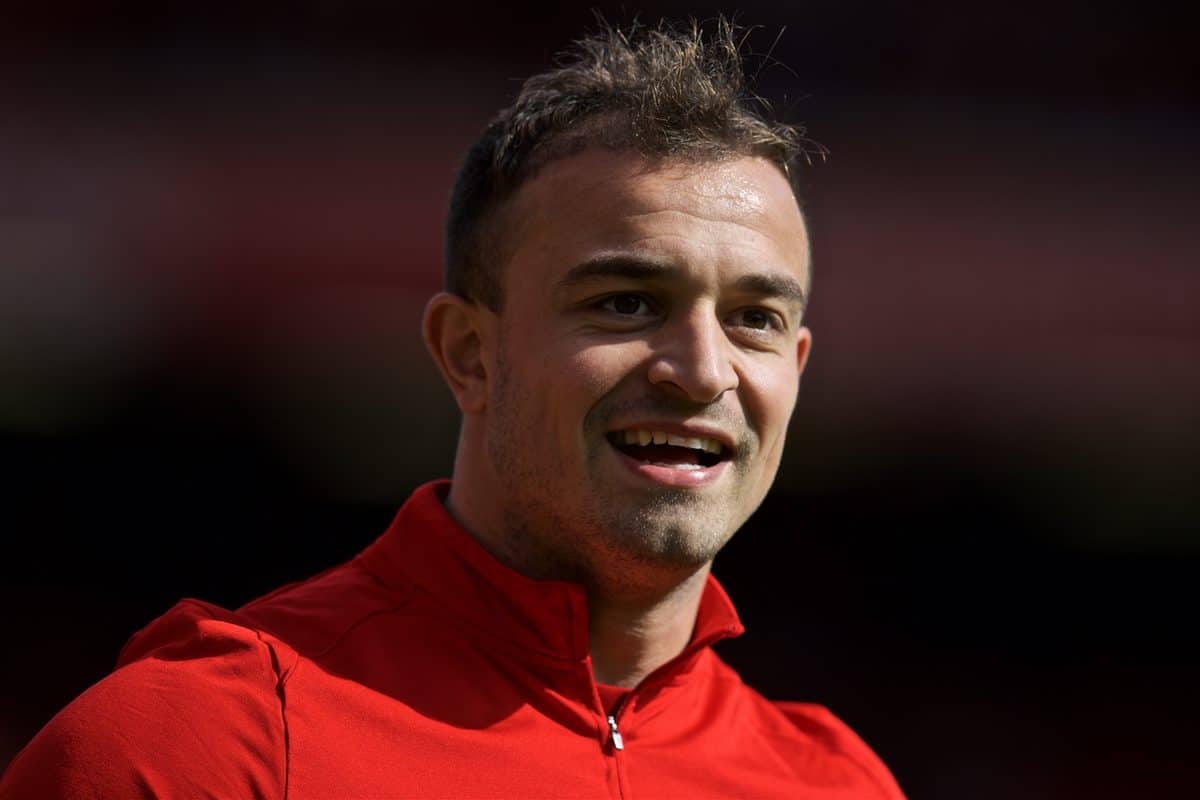 LIVERPOOL, ENGLAND - Saturday, September 14, 2019: Liverpool's Xherdan Shaqiri during the pre-match warm-up before the FA Premier League match between Liverpool FC and Newcastle United FC at Anfield. (Pic by David Rawcliffe/Propaganda)