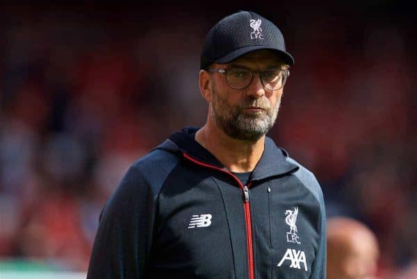 LIVERPOOL, ENGLAND - Saturday, September 14, 2019: Liverpool's manager Jürgen Klopp during the pre-match warm-up before the FA Premier League match between Liverpool FC and Newcastle United FC at Anfield. (Pic by David Rawcliffe/Propaganda)