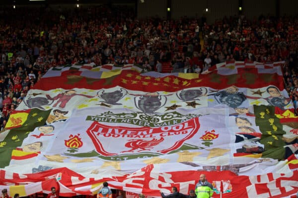 LIVERPOOL, ENGLAND - Saturday, September 14, 2019: A huge banner is unfurled by supporters on the Spion Kop before the FA Premier League match between Liverpool FC and Newcastle United FC at Anfield. (Pic by David Rawcliffe/Propaganda)