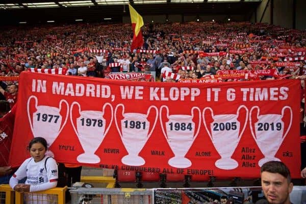 LIVERPOOL, ENGLAND - Saturday, September 14, 2019: Liverpool supporters on the Spion Kop with a banner featuring six European Cups before the FA Premier League match between Liverpool FC and Newcastle United FC at Anfield. (Pic by David Rawcliffe/Propaganda)