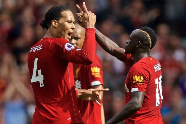 LIVERPOOL, ENGLAND - Saturday, September 14, 2019: Liverpool's Sadio Mane (R) celebrates scoring the first goal with team-mate Virgil van Dijk during the FA Premier League match between Liverpool FC and Newcastle United FC at Anfield. (Pic by David Rawcliffe/Propaganda)