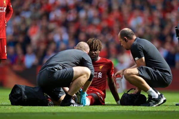 LIVERPOOL, ENGLAND - Saturday, September 14, 2019: Liverpool's Divock Origi goes down with an injury forcing him out of the game during the FA Premier League match between Liverpool FC and Newcastle United FC at Anfield. (Pic by David Rawcliffe/Propaganda)