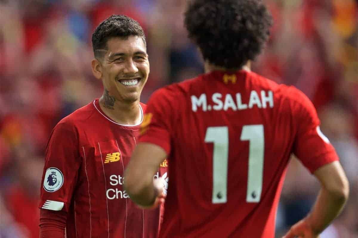 LIVERPOOL, ENGLAND - Saturday, September 14, 2019: Liverpool's Mohamed Salah (#11) celebrates scoring the third goal with team-mate Roberto Firmino during the FA Premier League match between Liverpool FC and Newcastle United FC at Anfield. (Pic by David Rawcliffe/Propaganda)