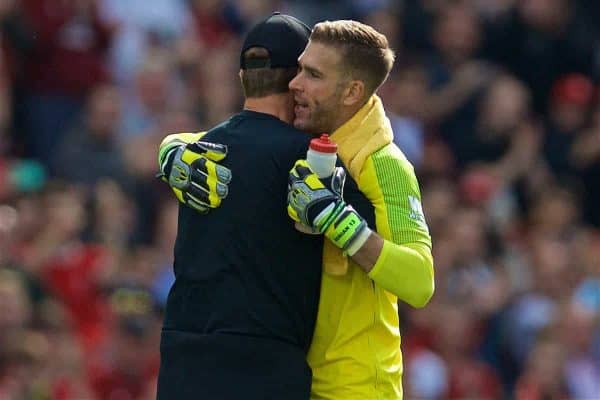 LIVERPOOL, ENGLAND - Saturday, September 14, 2019: Liverpool's goalkeeper Adrián San Miguel del Castillo hugs manager Jürgen Klopp after the FA Premier League match between Liverpool FC and Newcastle United FC at Anfield. Liverpool won 3-1. (Pic by David Rawcliffe/Propaganda)