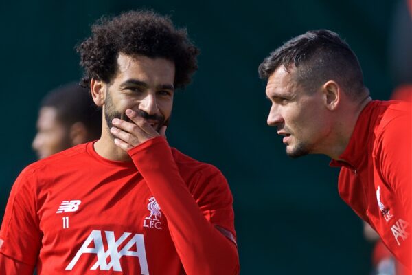 LIVERPOOL, ENGLAND - Monday, September 16, 2019: Liverpool's Mohamed Salah and Dejan Lovren during a training session at Melwood Training Ground ahead of the UEFA Champions League Group E match between SSC Napoli and Liverpool FC. (Pic by Laura Malkin/Propaganda)